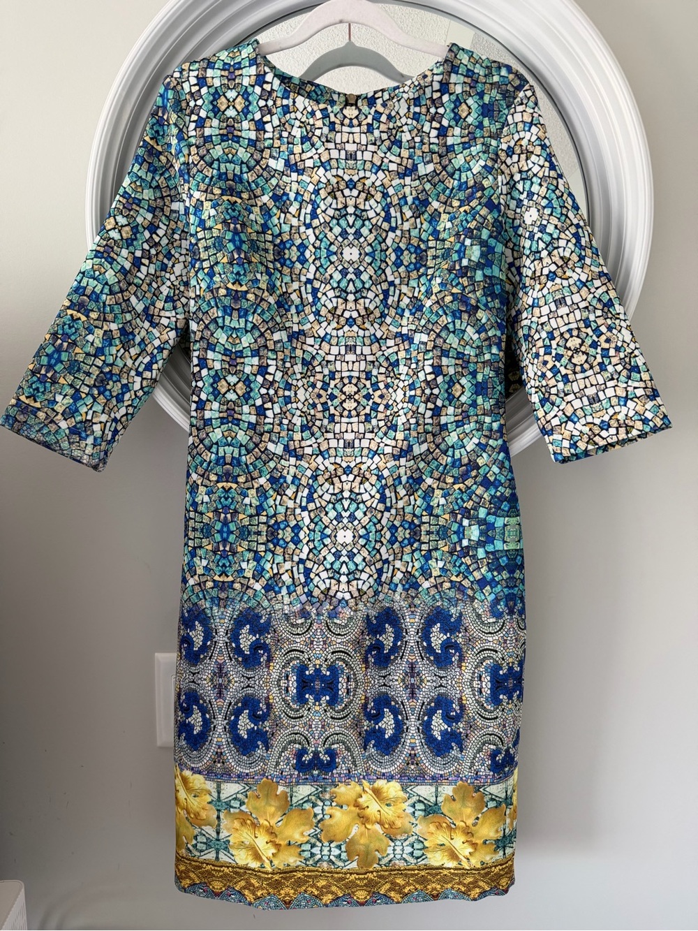 Forever Unique Blue Mosaic Shift Dress with Gold Floral Border